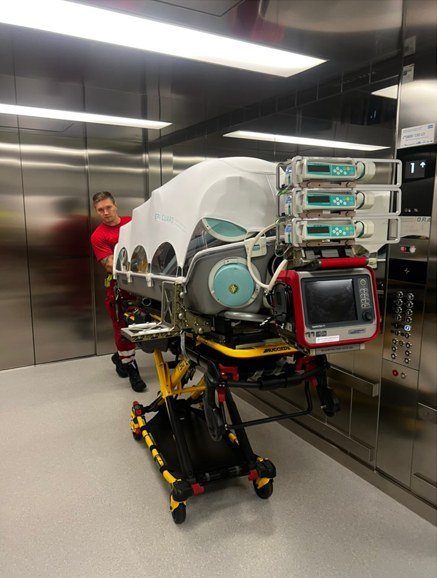 EpiShuttle with monitoring equipment in a hospital lift